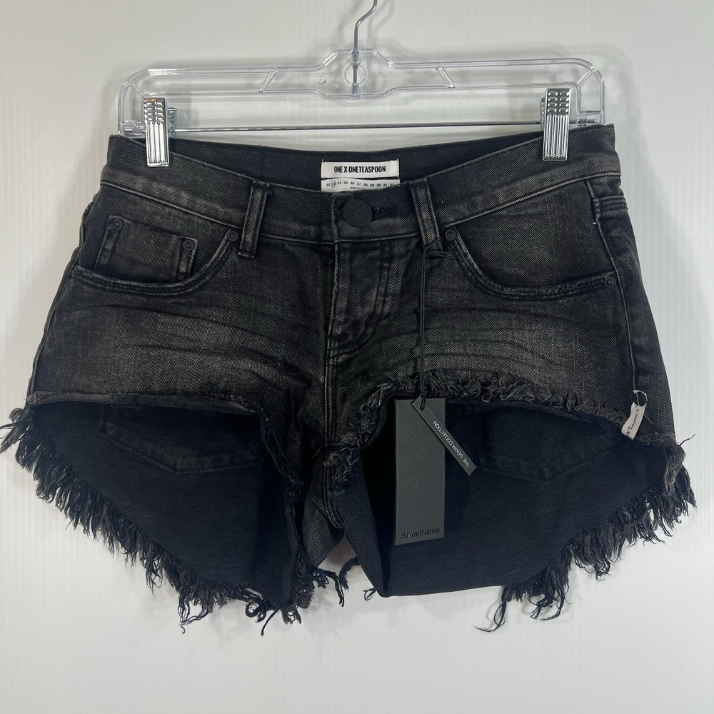 One Teaspoon Bonita Low Waist Shorts Size 23 Black Double Bass Frayed NEW - Picture 1 of 9